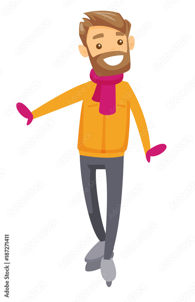 Young caucasian white smiling man with beard ice skating on ice skating rink outdoors. Concept of outdoor winter leisure activity. Vector cartoon illustration isolated on white background.
