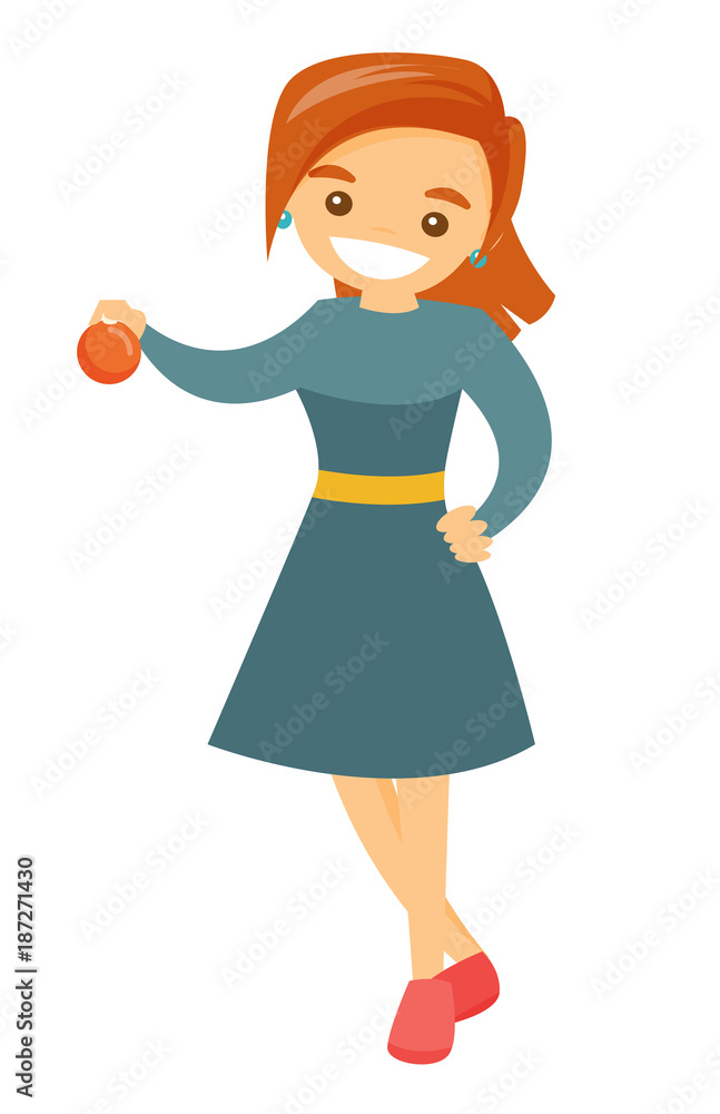Young caucasian white smiling woman holding red round christmas ball in hand. Concept of christmas and holidays. Vector cartoon illustration isolated on white background. Young caucasian white smiling woman holding red round christmas ball in hand. Concept of christmas and holidays. Vector cartoon illustration isolated on white background.