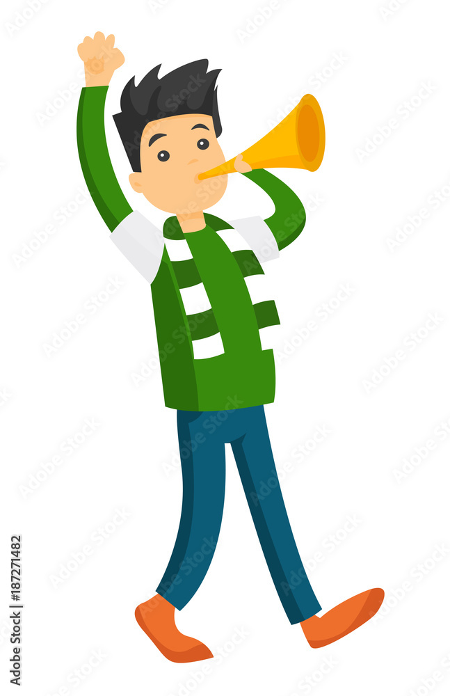 Young caucasian white happy sport fan in green outfit cheering for his team  with horn. Football fan celebrating the victory of his team. Vector cartoon  illustration isolated on white background. Stock Vector