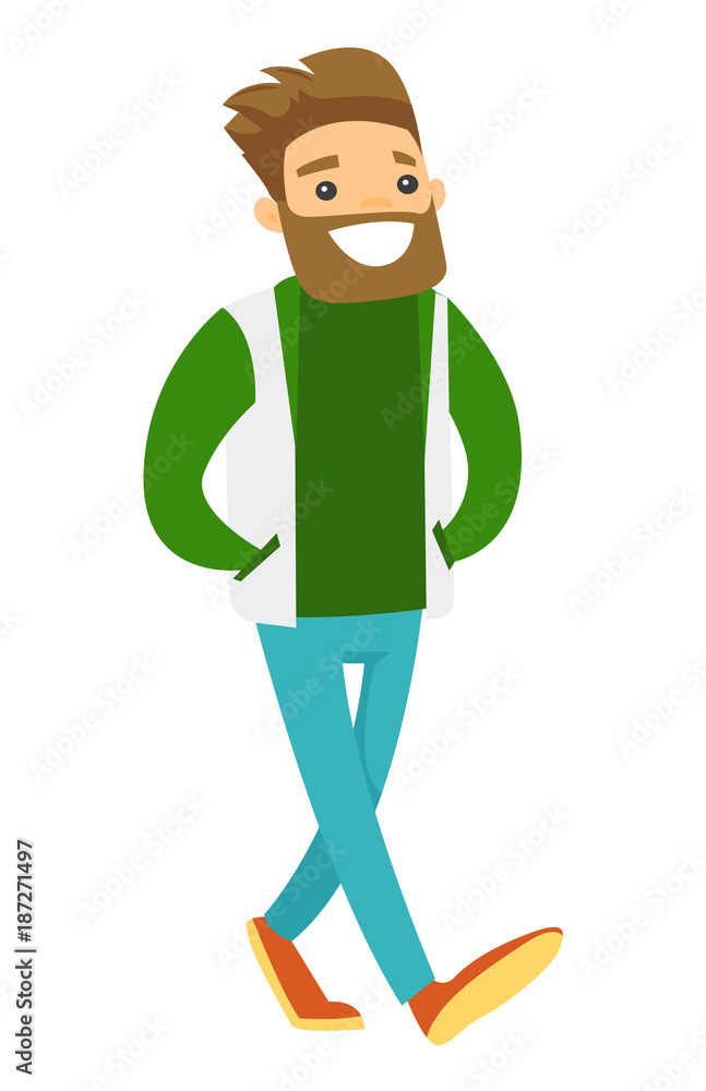Young hipster caucasian white happy sport fan in green outfit strolling. Vector cartoon illustration isolated on white background. Young hipster caucasian white happy sport fan in green outfit strolling. Vector cartoon illustration isolated on white background.