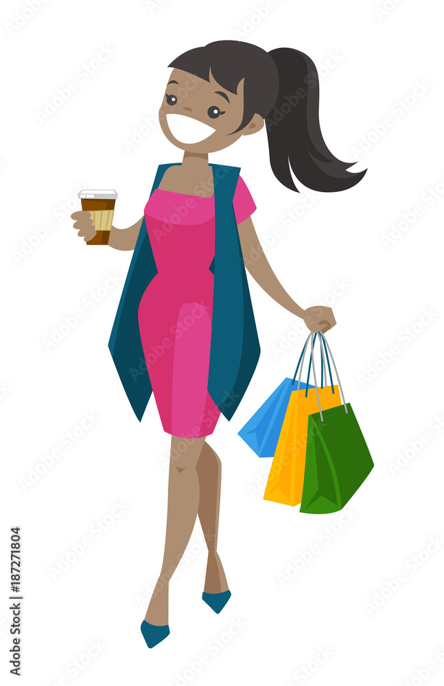 Young happy African-american woman holding a cup of coffee and shopping bags. Cheerful smiling woman laughing and walking with shopping bags. Vector cartoon illustration isolated on white background. Young happy African-american woman holding a cup of coffee and shopping bags. Cheerful smiling woman laughing and walking with shopping bags. Vector cartoon illustration isolated on white background.