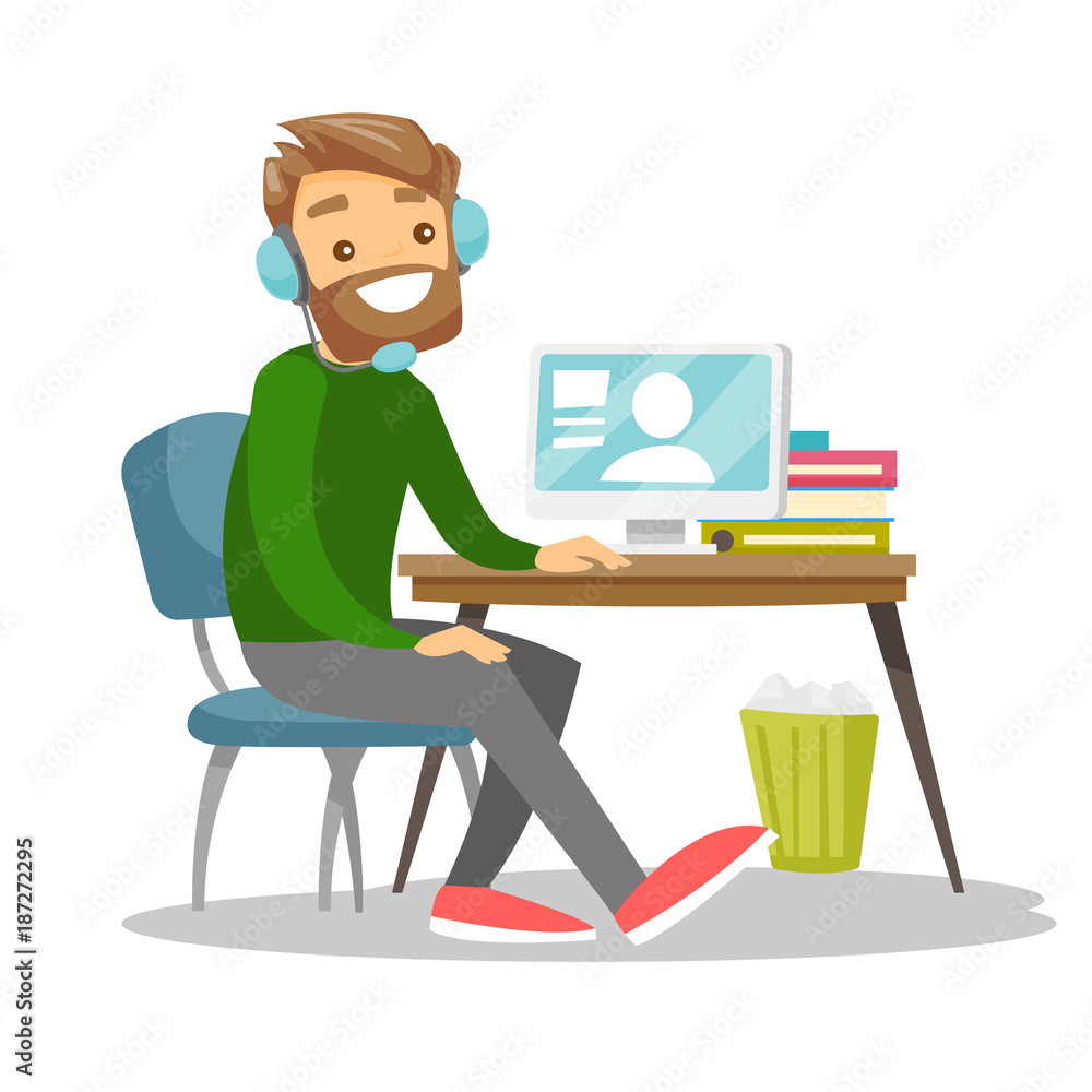 Caucasian white businessman using headset and computer in call center. Young cheerful gamer in headphones playing video game on a computer. Vector cartoon illustration isolated on white background. Caucasian white businessman using headset and computer in call center. Young cheerful gamer in headphones playing video game on a computer. Vector cartoon illustration isolated on white background.