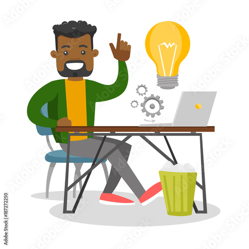 Young african businessman sitting at workplace with bright ligh bulb and pointing finger up because he came up with successful business idea. Vector cartoon illustration isolated on white background.