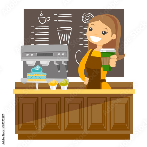 Young caucasian white friendly barista standing behind the counter with coffee-machine and making a cup of coffee. Vector cartoon illustration isolated on white background.