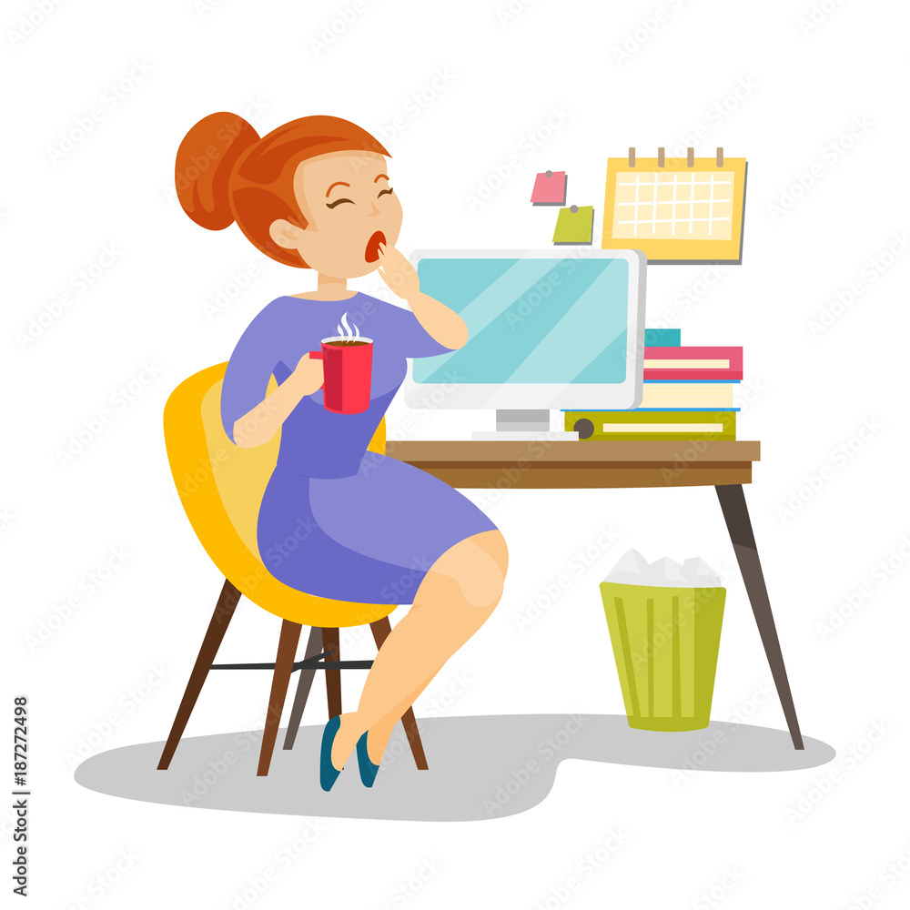 Young caucasian white sleepy tired office worker holding a cup of coffee  and yawning while working at the workplace in the office. Vector cartoon  illustration isolated on white background. Stock Vector |