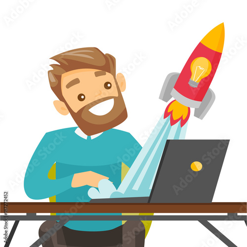 Caucasian white businessman working on a laptop and looking at the rocket. Man working on a new business start up. Business start up concept. Vector cartoon illustration isolated on white background.