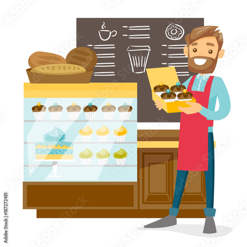 Young caucasian white worker of the bakery standing near the counter with cakes and offering pastry. Smiling salesman working in the bakery. Vector cartoon illustration isolated on white background.