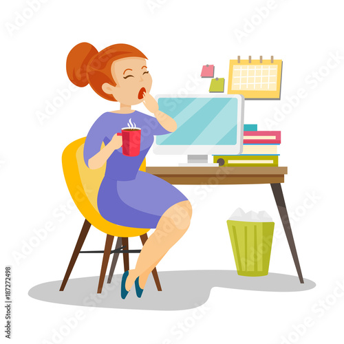 Young caucasian white sleepy tired office worker holding a cup of coffee and yawning while working at the workplace in the office. Vector cartoon illustration isolated on white background.