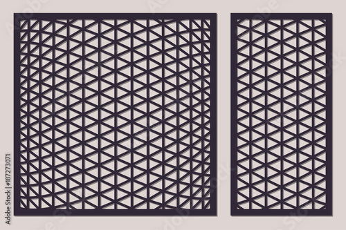 Set decorative card for cutting. Triangle mesh 3D pattern. Laser cut. Ratio 1:1, 1:2. Vector illustration.