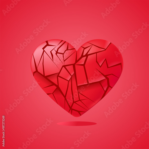 Broken heart sealed isolated. Red glass shards .