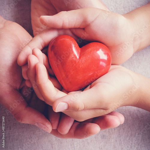 Fototapeta Naklejka Na Ścianę i Meble -  adult and child hands holiding red heart, health care, love, donate, insurance and family concept