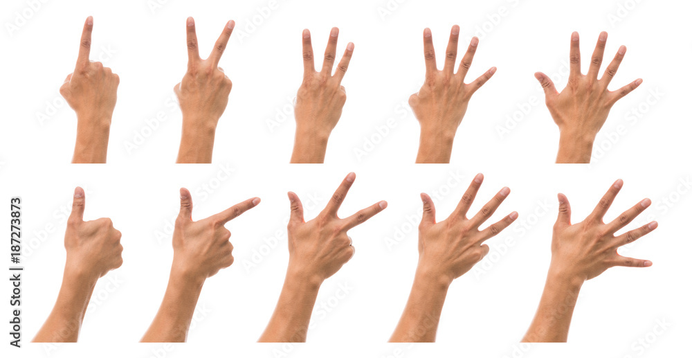 Sum 10 picture of Men hand in back side with show number collection over white background, include clipping path Sum 10 picture of Men hand in back side with show number collection over white background, include clipping path
