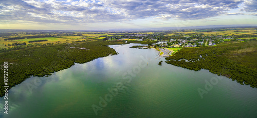 Beautiful aerial panorama of ocean inlet and mangroves in rural area in Australia