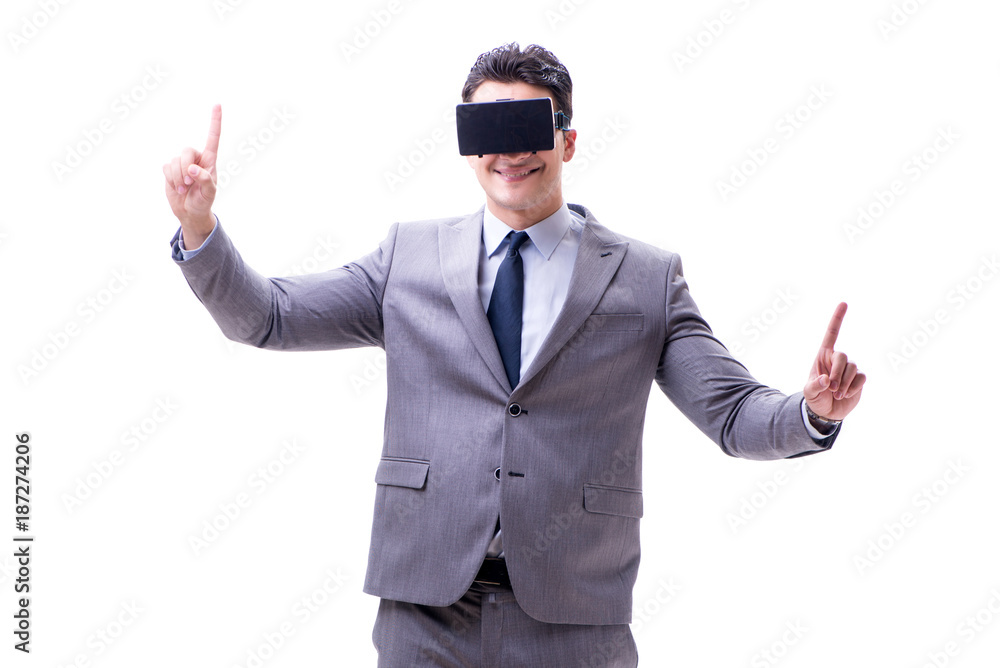 Businessman wearing virtual reality VR glasses isolated on white Businessman wearing virtual reality VR glasses isolated on white