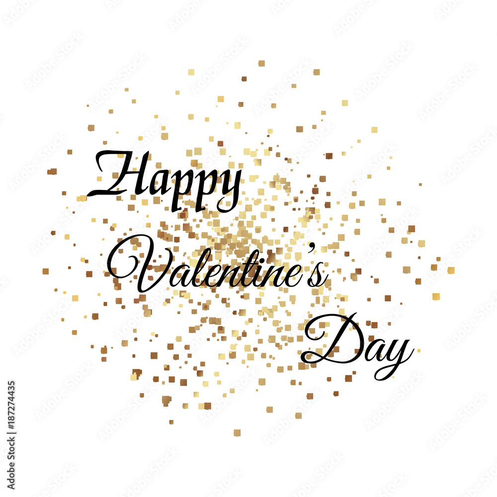 Valentine's Day greeting card with gold hearts and black text. Vector