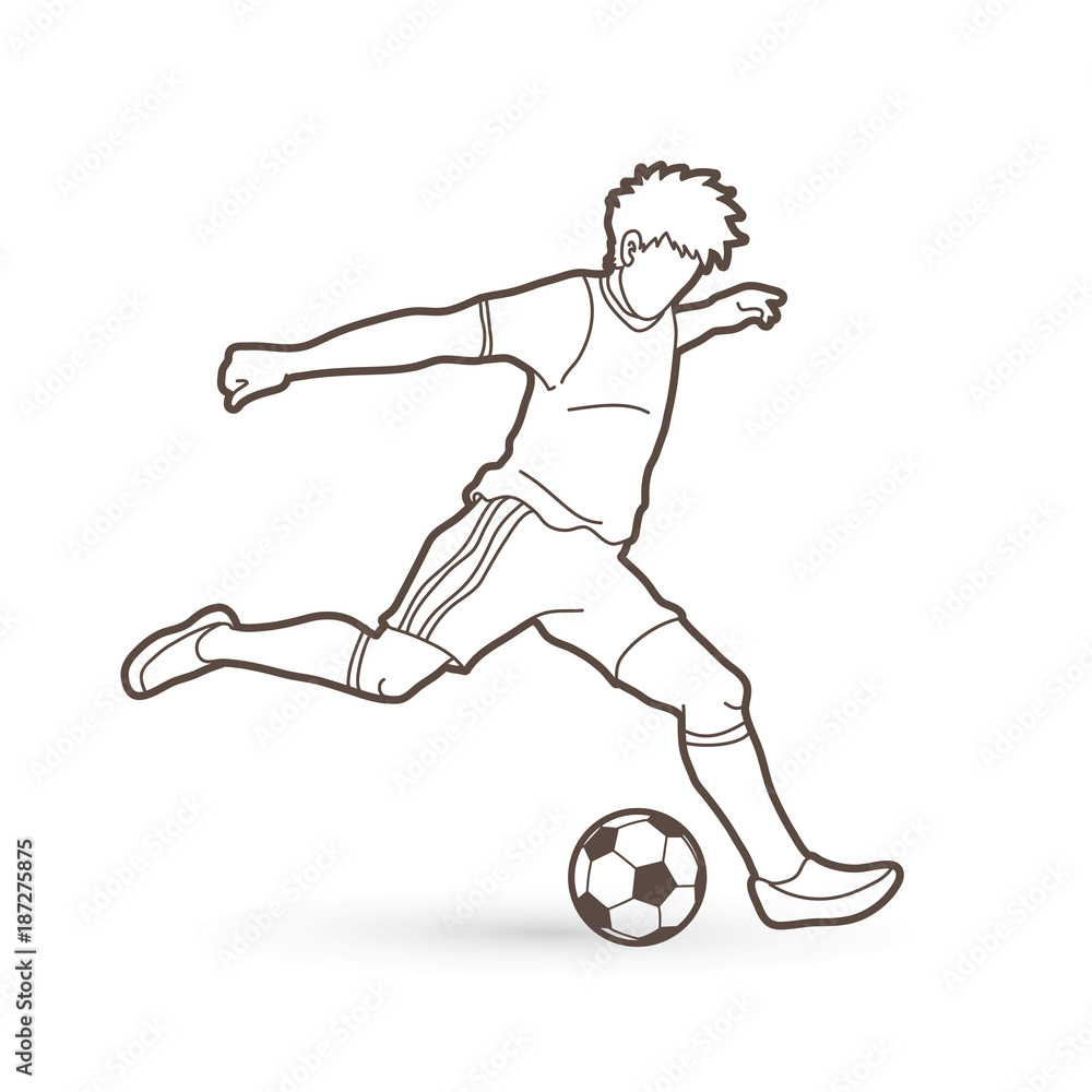 Soccer player running and kicking a ball action outline graphic vector