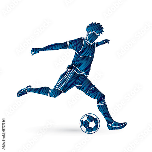 Soccer player running and kicking a ball action designed using grunge brush graphic vector