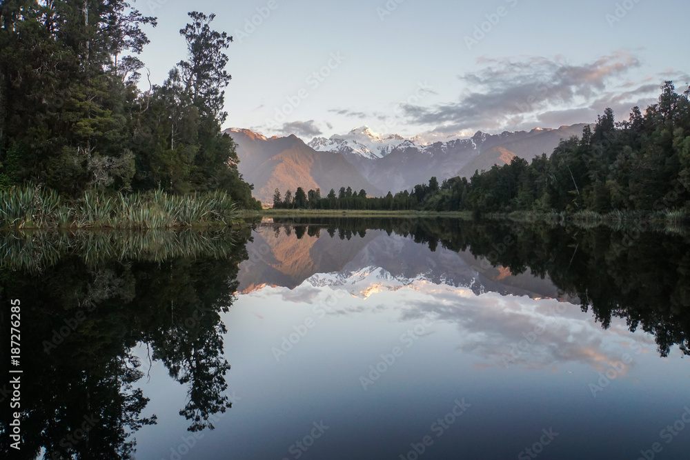 nature landscape of Lake Matheson with reflection sunset view
