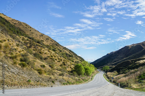 curve road along green valley in New Zealand