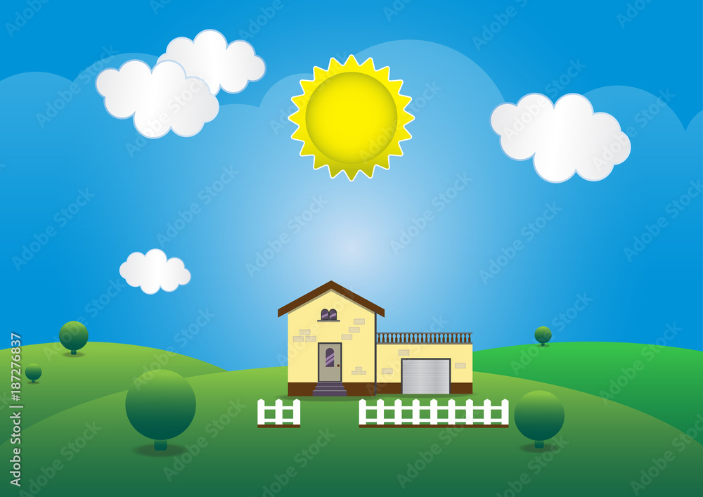 Naklejka premium Flat classical house with fence and bushes and sky nature in mountian. Modern house concept.