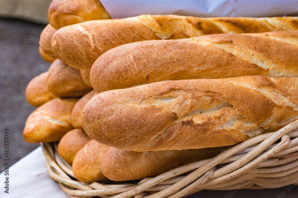 Fresh baguettes, French sticks on display Fresh baguettes, French sticks on display