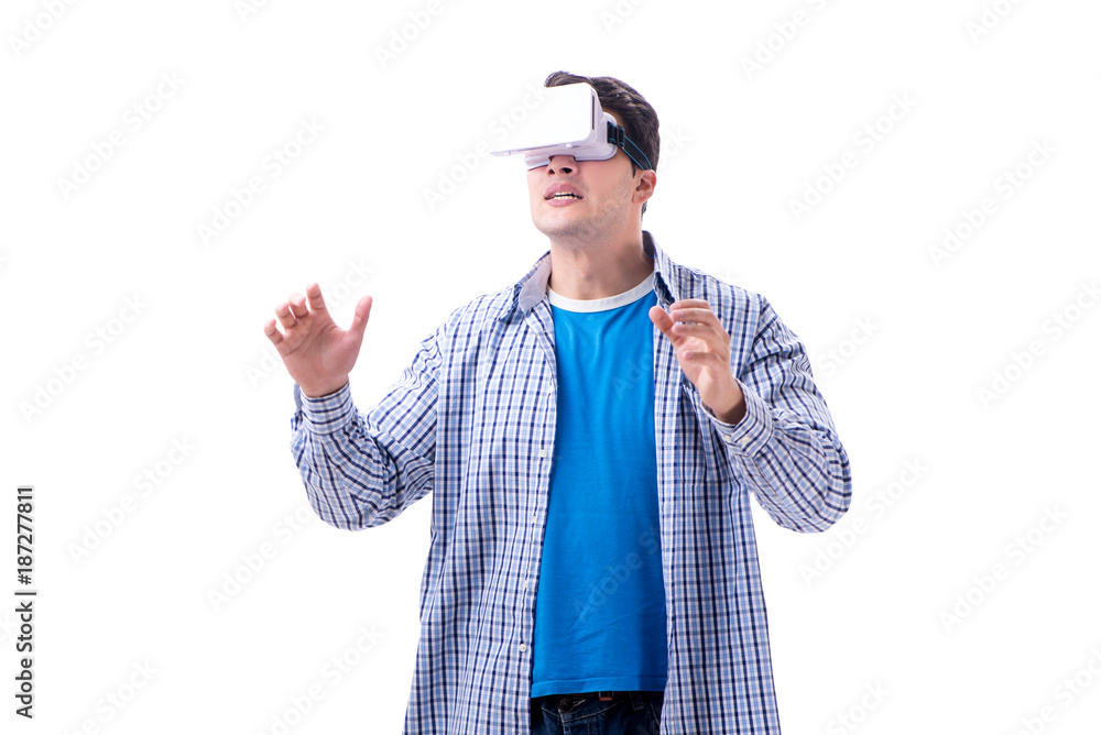 Young man wearing virtual reality VR glasses Young man wearing virtual reality VR glasses