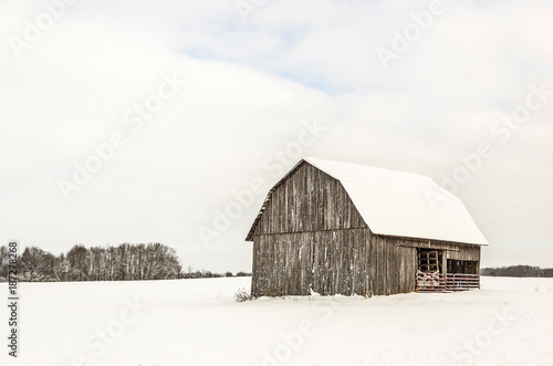 Fresh Snow on Barn Roof and Fields
