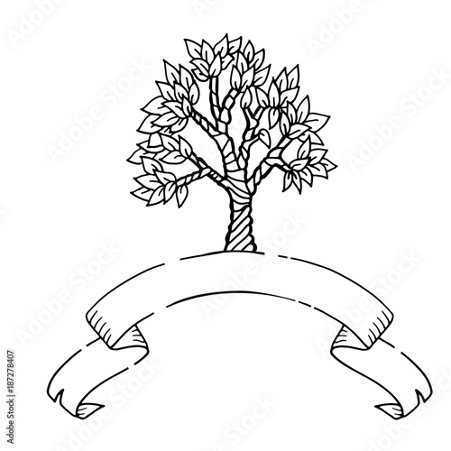 Hand drawn scetch tree with ribbon banner. Zentagle pattern vector illustration.