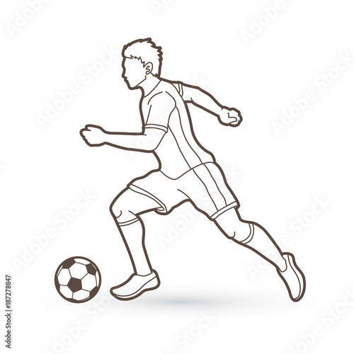 Soccer player running with soccer ball action outline graphic vector