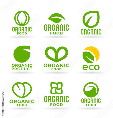 Eco food, organic bio products, eco friendly, vegan icons and ecology symbols. Set of vector logo design elements, badges, labels and logotype templates for your business