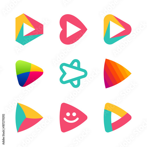 Colorful play button icons, arrows, cursors