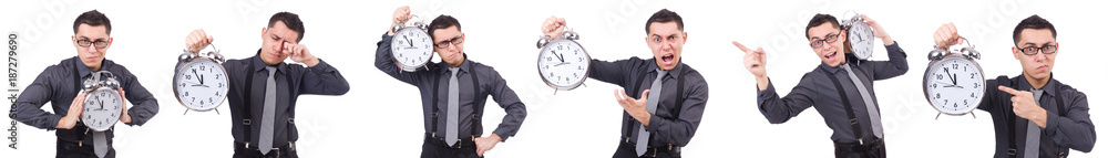 Funny businessman with clock isolated on white