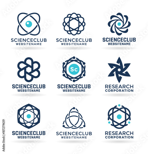 Science symbols, atom and molecule icons, chemistry - logo design elements and logotype templates