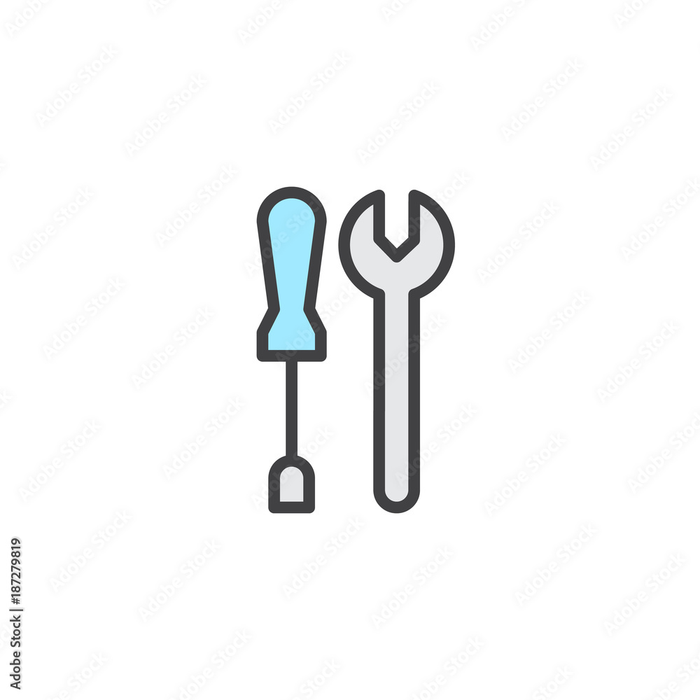 Wrench and screwdriver work tools filled outline icon, line vector sign, linear colorful pictogram isolated on white. Repairing symbol, logo illustration. Pixel perfect vector graphics