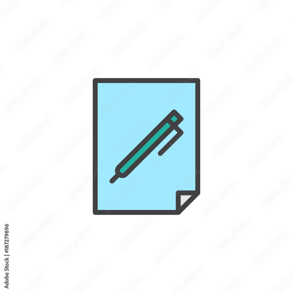 Pen on paper document filled outline icon, line vector sign, linear colorful pictogram isolated on white. Blank sheet of paper and a pencil symbol, logo illustration. Pixel perfect vector graphics Pen on paper document filled outline icon, line vector sign, linear colorful pictogram isolated on white. Blank sheet of paper and a pencil symbol, logo illustration. Pixel perfect vector graphics