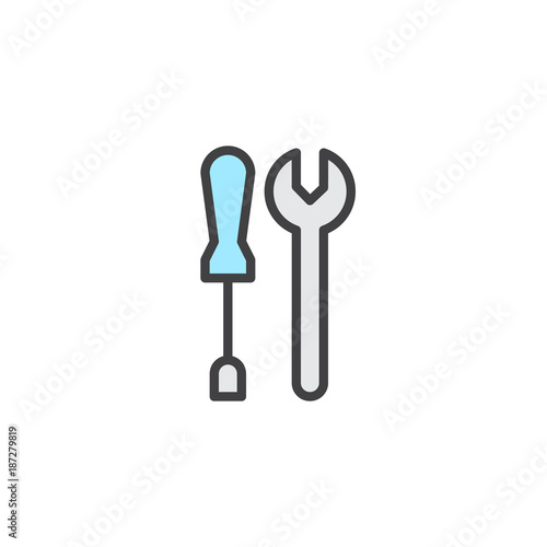 Wrench and screwdriver work tools filled outline icon, line vector sign, linear colorful pictogram isolated on white. Repairing symbol, logo illustration. Pixel perfect vector graphics