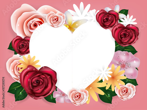 illustration vector realistic of beautiful rose flowers background with  copy space in heart form. Graphic design concept of flower wallpaper with  copy space Stock Vector | Adobe Stock
