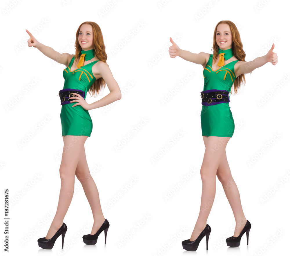 Young nice girl showing isolated on white