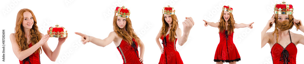 Redhead pretty girl with crown pressing virtual buttons isolat Redhead pretty girl with crown pressing virtual buttons isolat