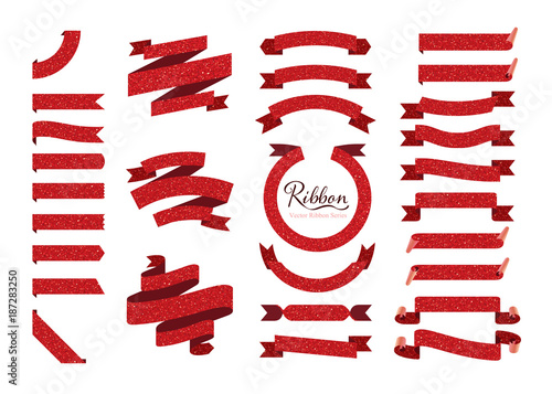 Set of red glitter ribbons, bows, banners, flags. Vector ribbon series.
