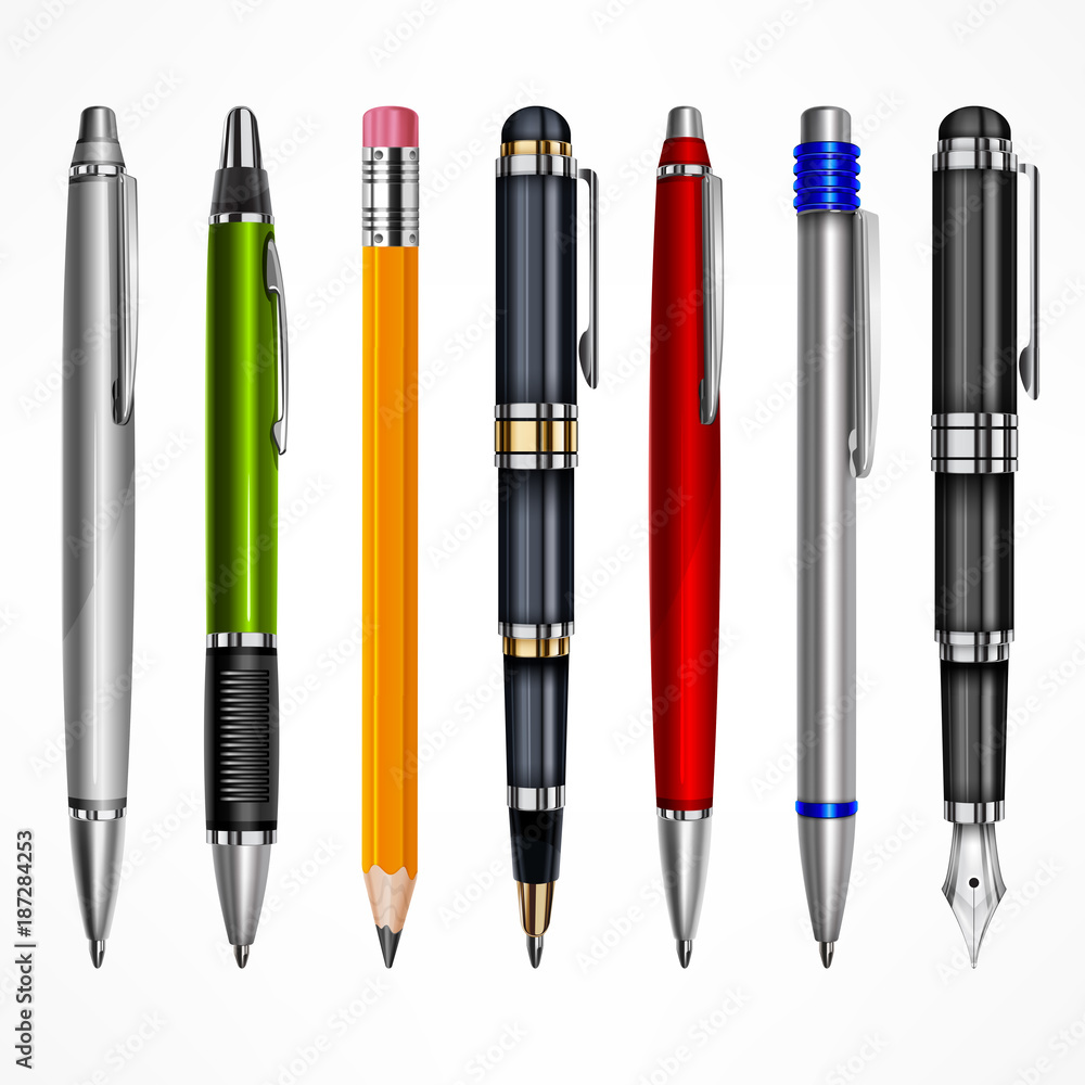 Set of pens and pencils, tools for writing drawing, isolated Set of pens and pencils, tools for writing drawing, isolated