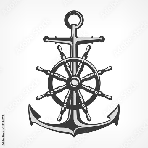 Anchor with steering wheel, nautical symbols on white, marine.