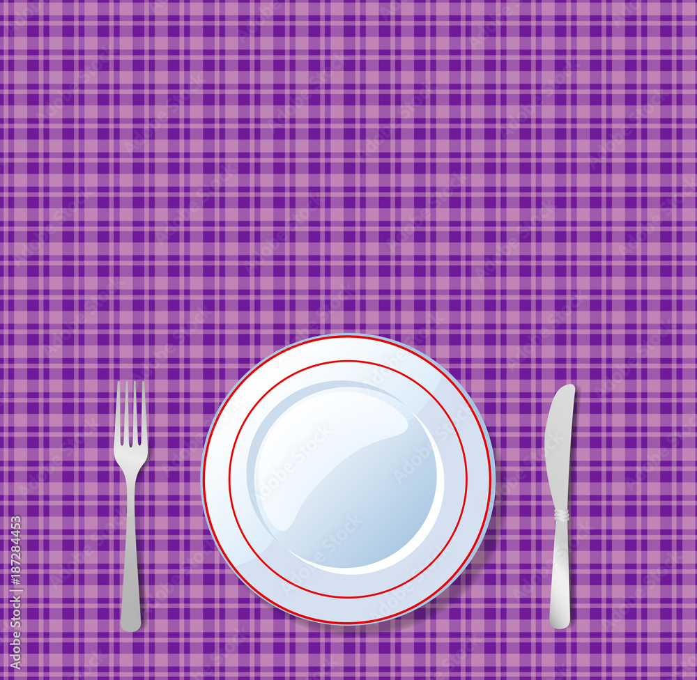 empty plate, knife, fork, on vioet checkered tablecloth background empty plate, knife, fork, on vioet checkered tablecloth background