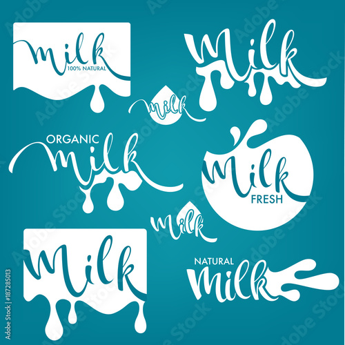 vector collection of milk and dairy product logo, label, emblems with hand drawn lettering composition