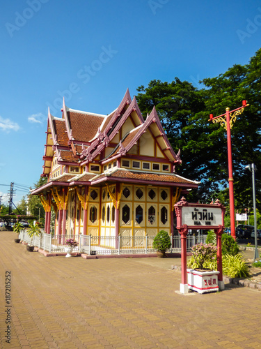 Hua Hin, Thailand - Circa October 2017: Beautiful traditional styled pavillion and train station against blue sky