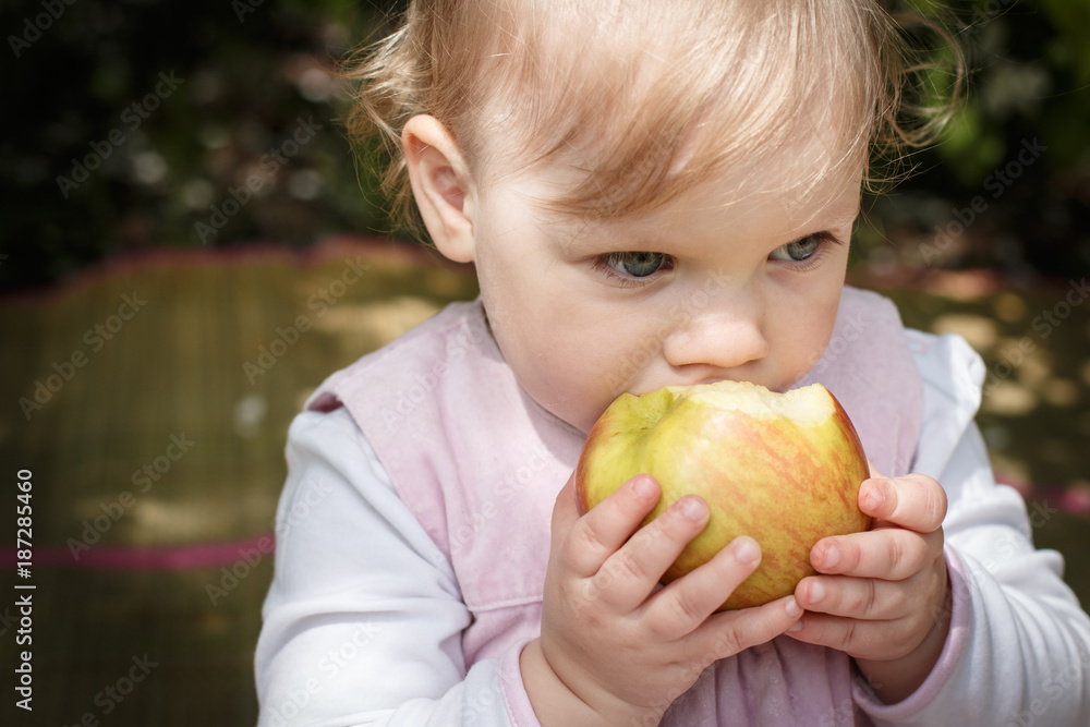 Little girl portrait eating red apple in the park Little girl portrait eating red apple in the park