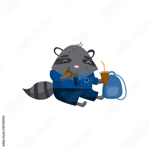 Cute funny little raccoon student sitting on the floor and eating, pupil animal in school uniform, back to school concept vector Illustration