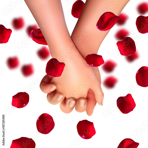 Realistic hands of lovers and rose petals faling on isolated white background.Love and friendship. 3d illustration for the day of all lovers, March 8. Vector illustration