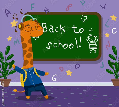 Cute funny little giraffe animal student in school uniform standing next to blackboard in the calssroom  back to school concept vector Illustration