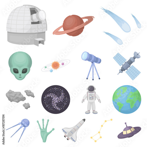 Space technology cartoon icons in set collection for design.Spacecraft and equipment vector symbol stock web illustration.